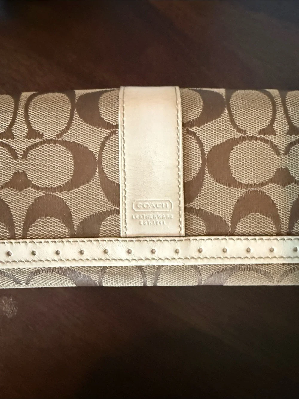 Coach Signature C Canvas in Brown and Tan with Cream Leather Trim Long Wallet